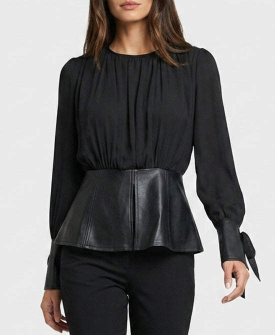 
Blouse w/ Faux Leather Peplum in BLACK view 1
