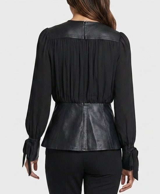 
Blouse w/ Faux Leather Peplum in BLACK view 2