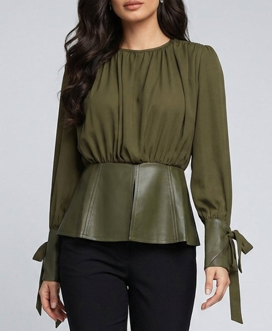 
Peplum Blouse w/ Faux Leather Peplum in OLIVE view 1