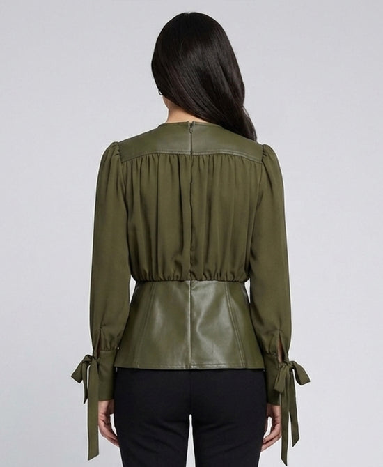 
Peplum Blouse w/ Faux Leather Peplum in OLIVE view 2