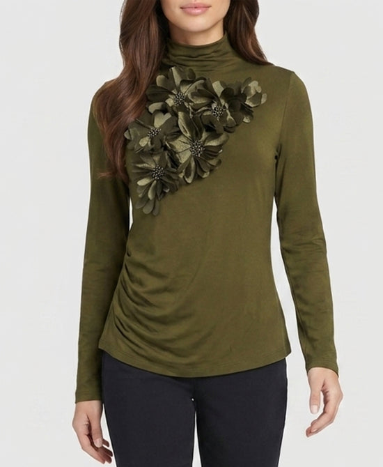
Mock Neck Top w 3D Flowers & Beads in OLIVE view 1