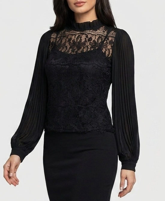 
Lace Blouse w/ Pleated Chiffon Sleeves in BLACK view 1
