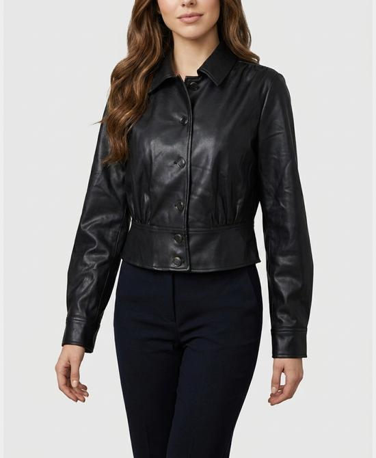 
Faux Leather Shirred Shoulder Crop Jacket in BLACK view 1