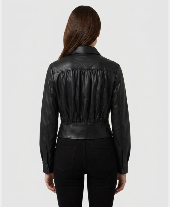 
Faux Leather Shirred Shoulder Crop Jacket in BLACK view 2