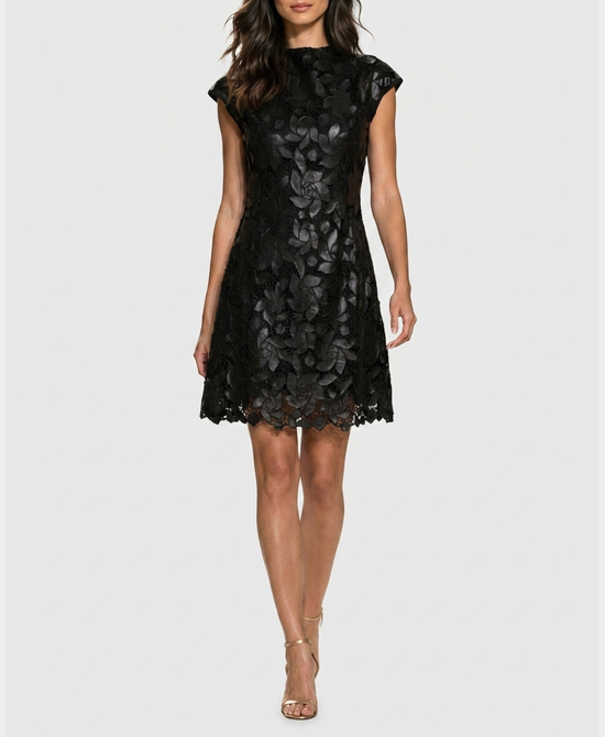 
Faux Leather Laser Cut Floral Dress in BLACK view 1