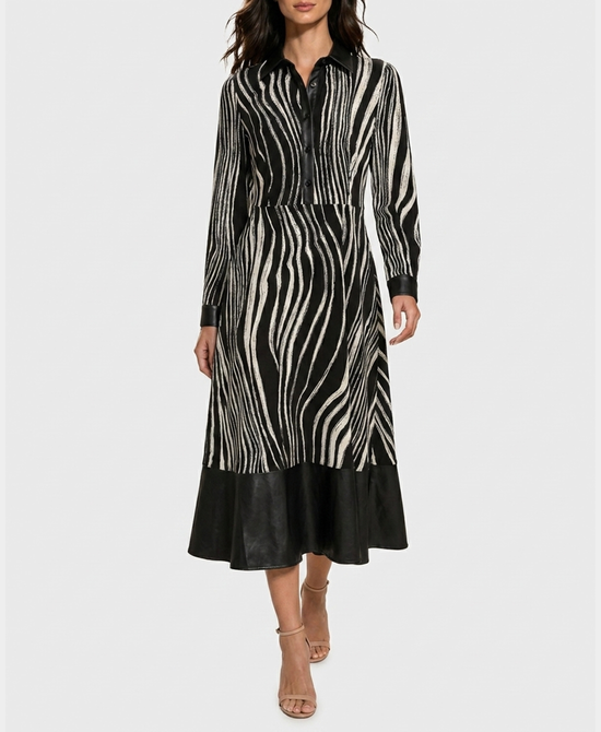 
Zebra Print Midi Dress w/ Faux Leather Trim in BLACK/WHITE view 1