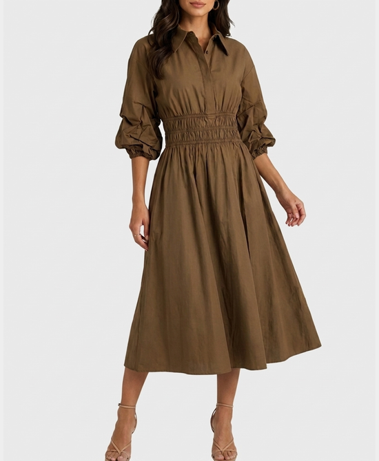 
Solid Midi Shirt Dress in BROWN view 1