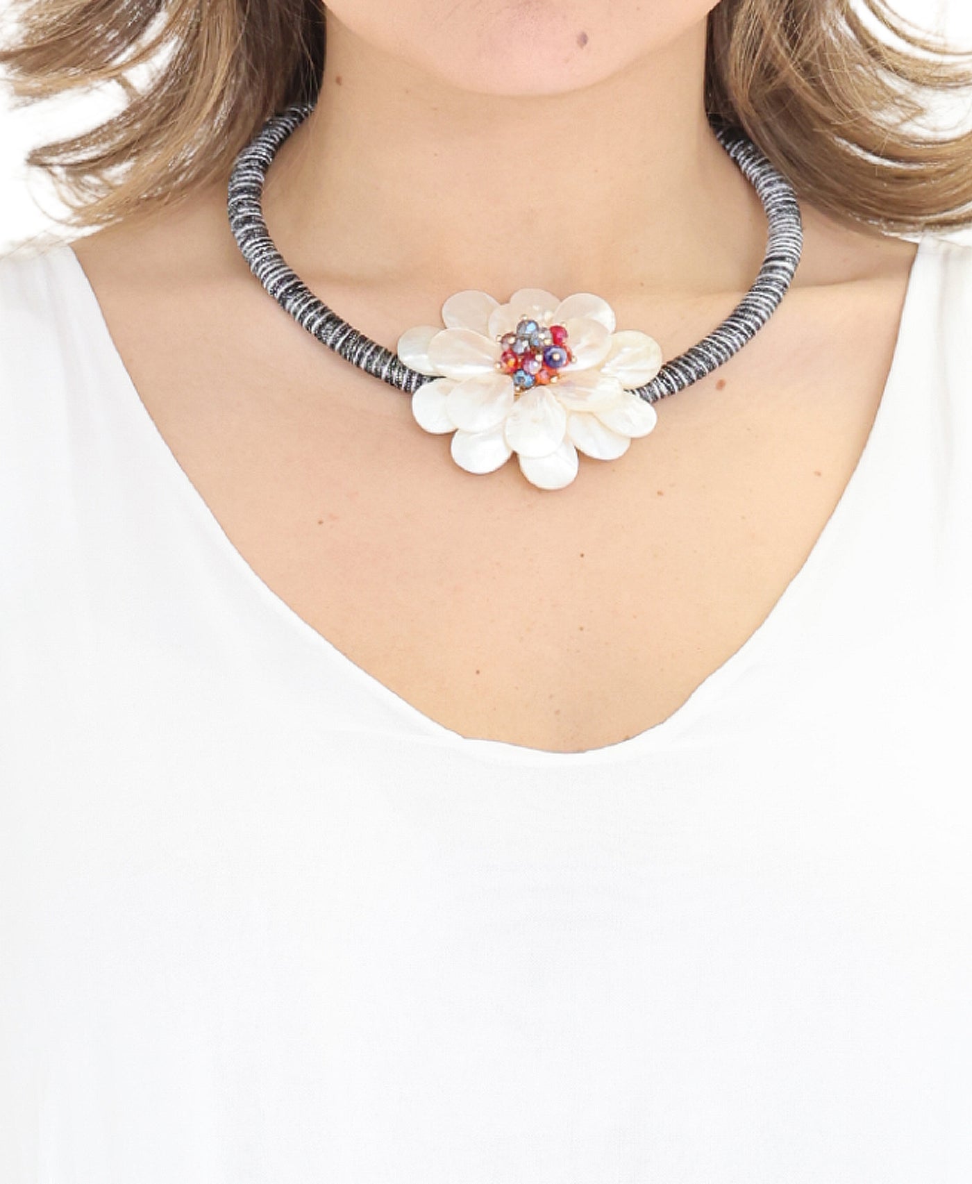 Mother of Pearl Flower Cord Necklace view 1