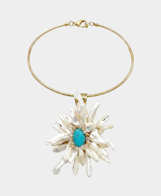 
Flower Pendant Collar Necklace in GOLD/LIGHT BLUE view 2