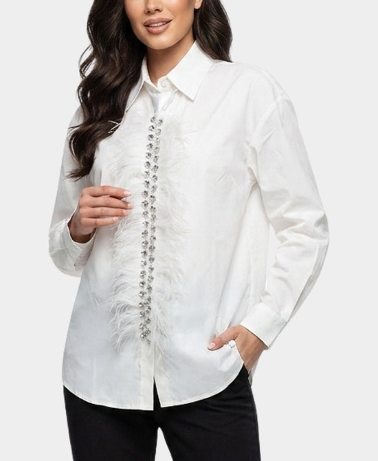 
Blouse w/ Rhinestone & Feather Tie in WHITE view 1