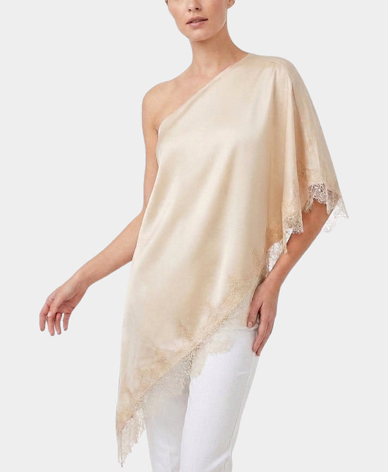 
Asymmetrical One Shoulder Blouse w/ Lace Trim in BEIGE view 1