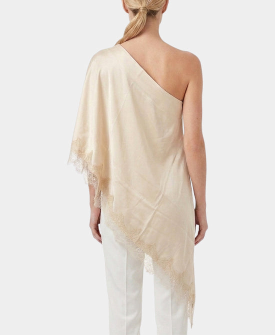 
Asymmetrical One Shoulder Blouse w/ Lace Trim in BEIGE view 2