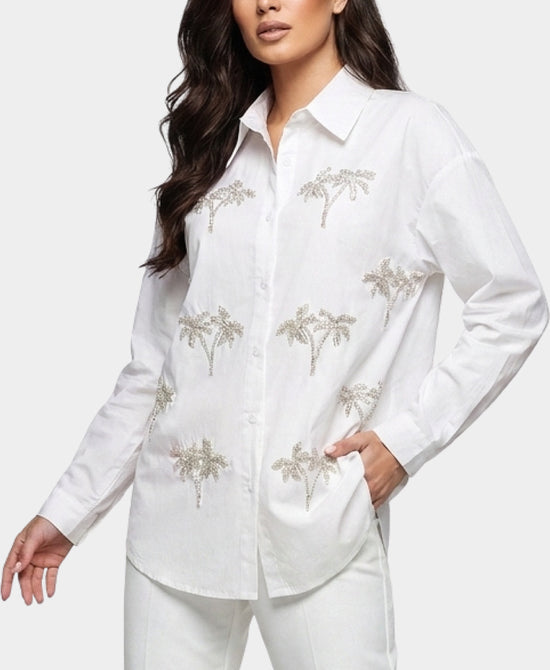 
Shirt w/ Beaded Palm Trees in WHITE view 1