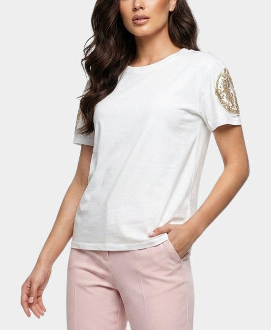
Tee w/ Beaded Crochet Sleeves in WHITE view 1