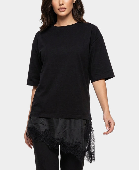 
Oversized Tee w/ Asymmetrical Lace Trim in BLACK view 1