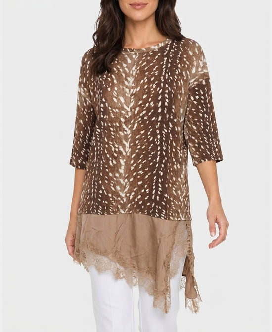 
Printed Top w/ Asymmetrical Satin & Lace Trim in BEIGE/BROWN view 1