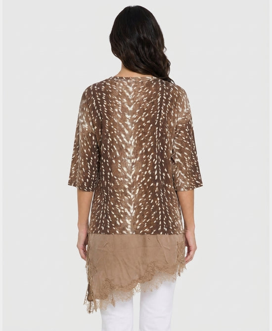 
Printed Top w/ Asymmetrical Satin & Lace Trim in BEIGE/BROWN view 2