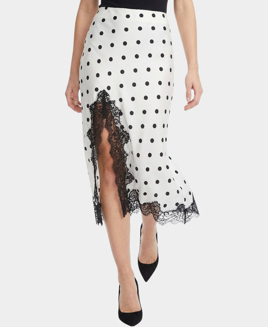 
Polka Dot Midi Skirt w/ Lace Trim in WHITE/BLACK view 1