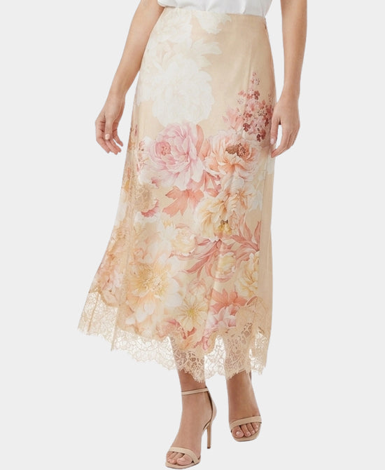 
Printed Midi Skirt w/ Lace Trim in BEIGE MULTI view 1