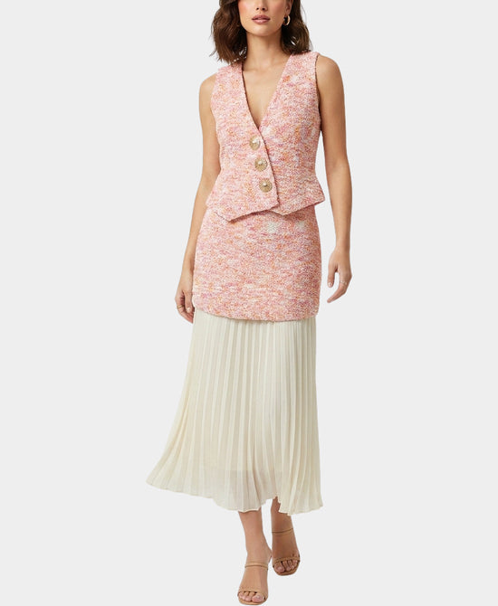 
Tweed Top w/ Gold Hardware Buttons & Knit & Pleated Skirt - 2 Pc Set in PINK view 1