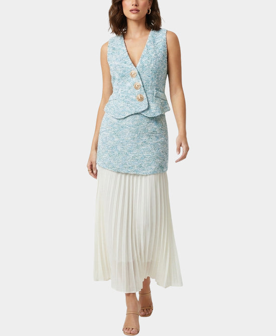 
Tweed Top w/ Gold Hardware Buttons & Knit & Pleated Skirt - 2 Pc Set in BLUE view 1