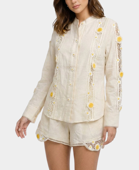 
Floral Embroidered Crochet Trim Top & Short Set- 2 Pc Set in CREAM/WHITE view 2
