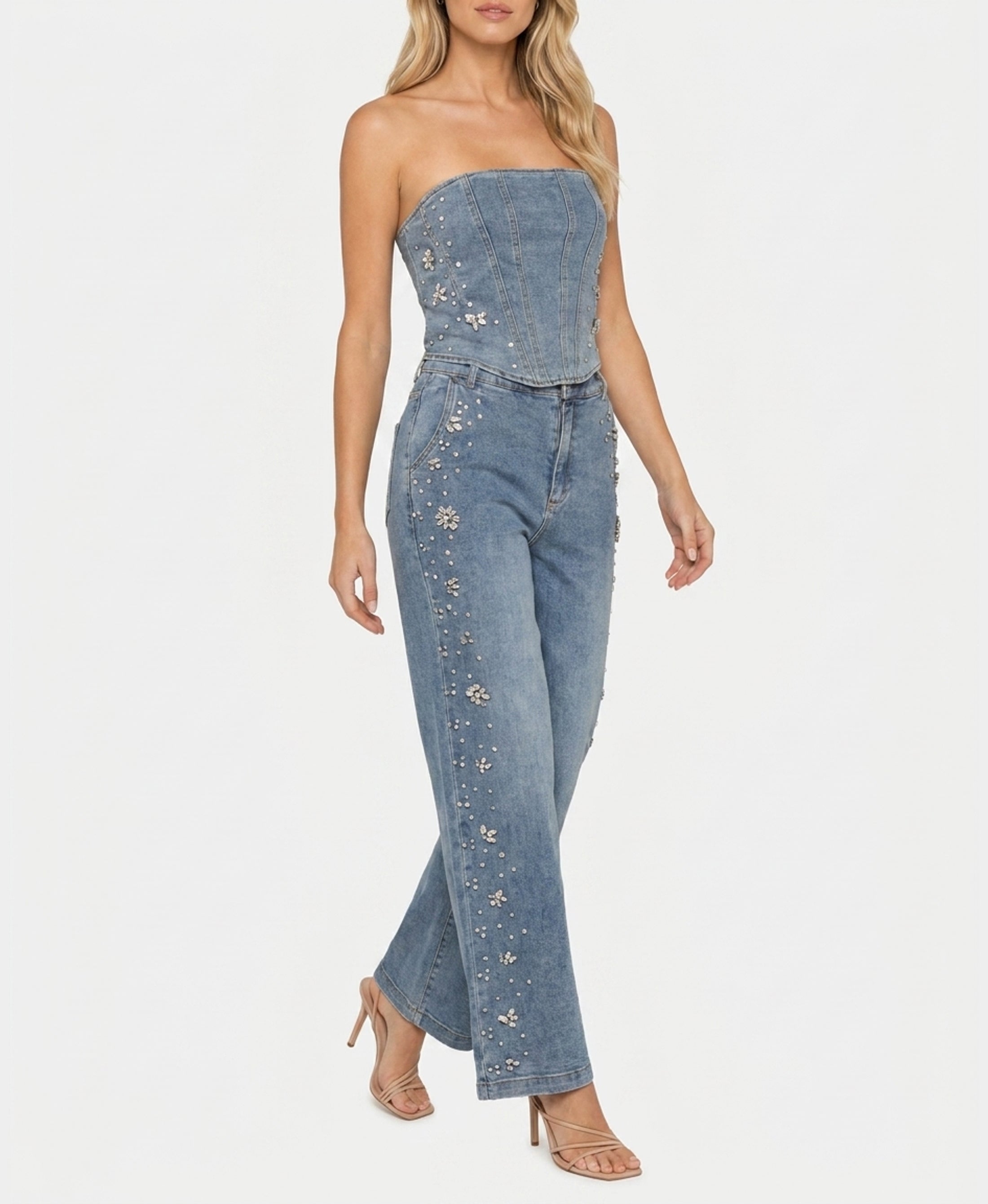 Denim Corset Top & Pants w/ Jewels - 2 Pc Set – FOX'S - Online