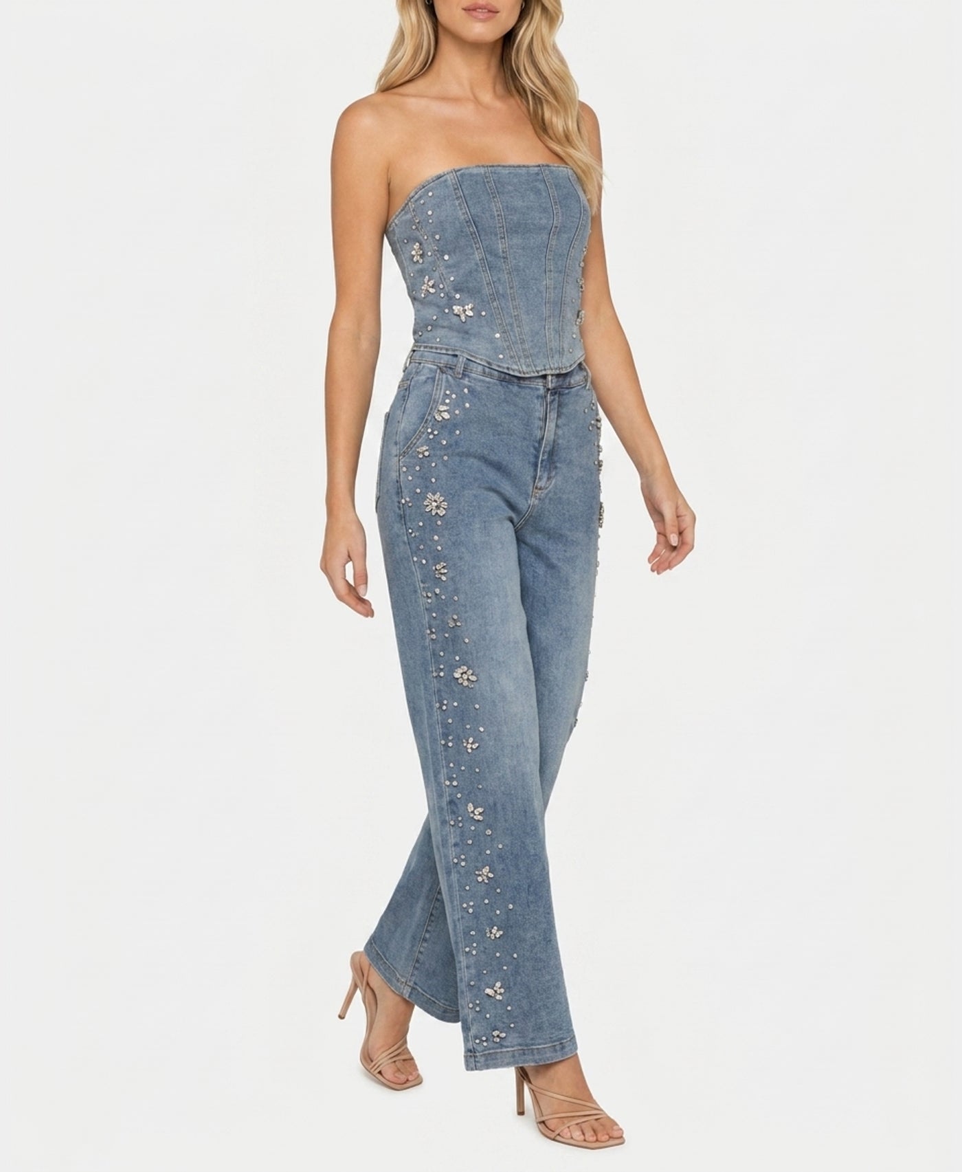 Denim Corset Top & Pants w/ Jewels - 2 Pc Set – FOX'S - Online