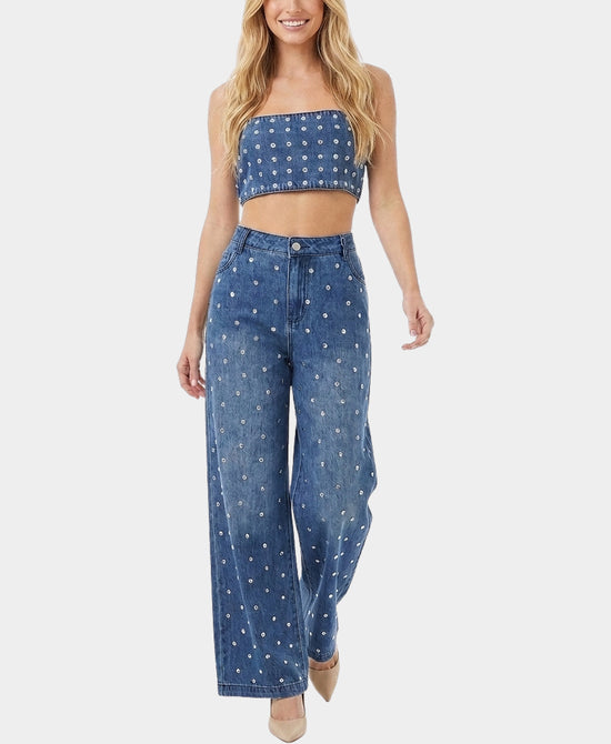 
Studded Denim Bandeau Top & Pants - 2 Pc Set in DARK WASH view 1