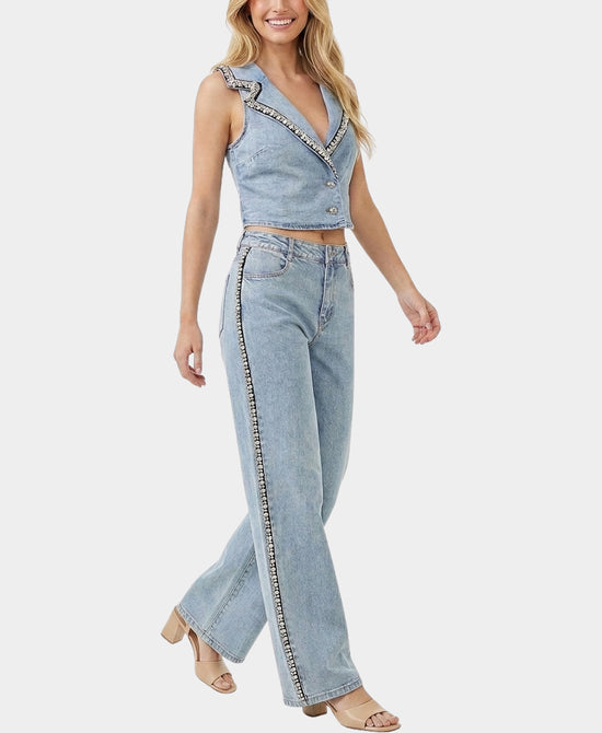 
Denim Vest Top & Pants w/ Jewels & Beads - 2 Pc Set in LIGHT WASH view 1