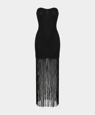black dress with fringe bottom Knit Strapless Dress w/ Fringe Bottom – FOX'S