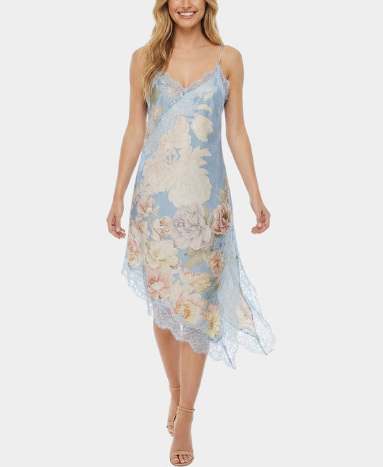 
Printed Asymmetrical Lace Trim Dress in BLUE MULTI view 1