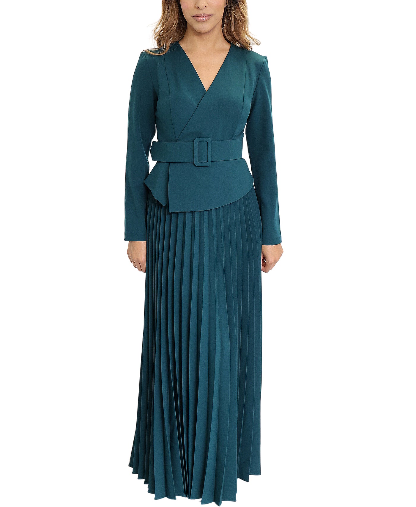 Pleated Maxi Dress w/ Belt image 1