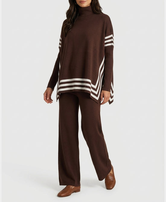
Turtleneck Stripe Sweater w/ Pants Set- 2 pc Set in BROWN view 1