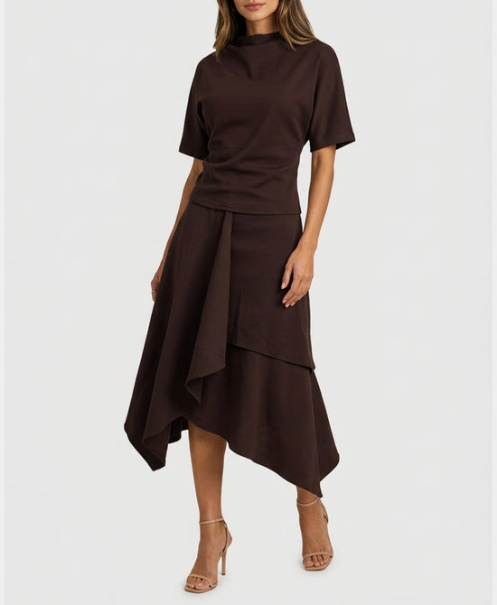 
Mock Neck Top w/ Asymmetrical Skirt Set- 2 pc Set in BROWN view 1