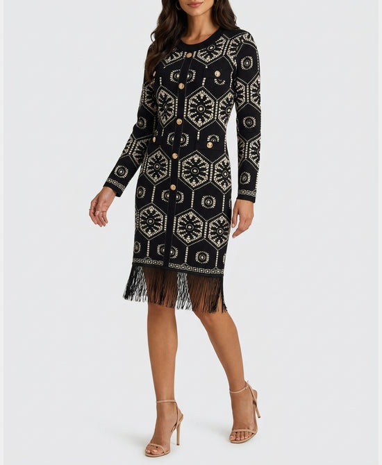 
Printed Knit Dress w/ Fringe in BLACK/CREAM view 1