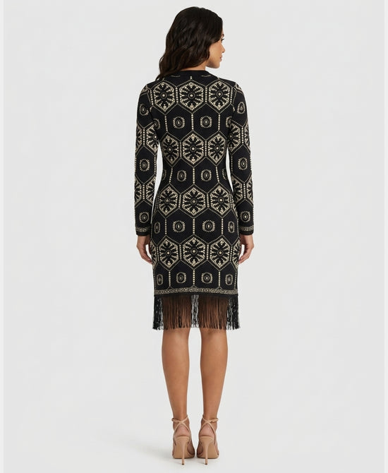 
Printed Knit Dress w/ Fringe in BLACK/CREAM view 2