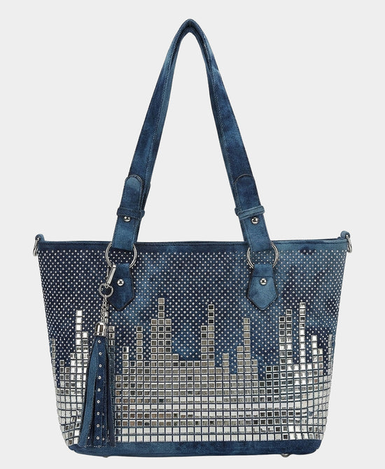 
Denim Studded Skyline Tote Bag in BLUE view 1