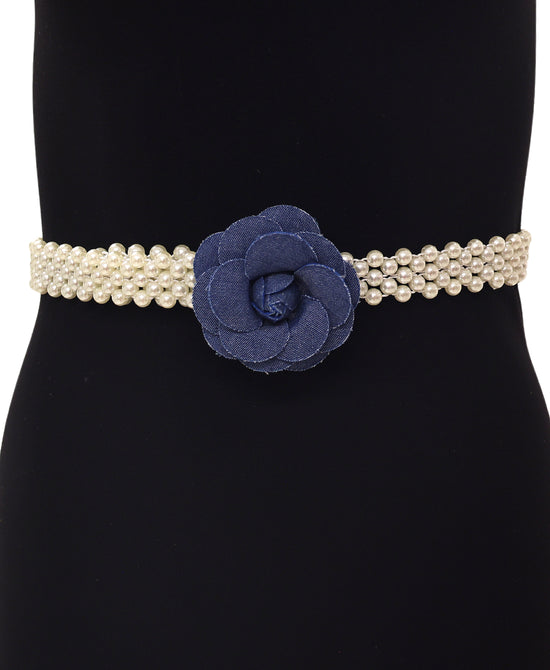 Faux Pearl Denim Flower Elastic Belt view 
