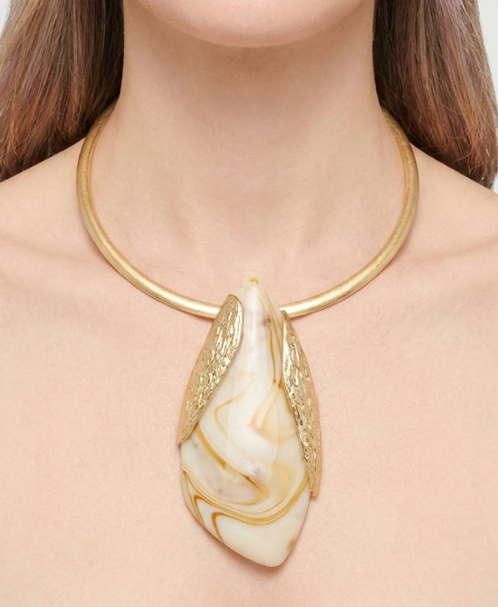 
Large Marble Pendant Collar Necklace in IVORY/GOLD view 1