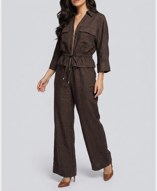 
Peplum Jacket & Pants - 2 Pc Set in BROWN view 1