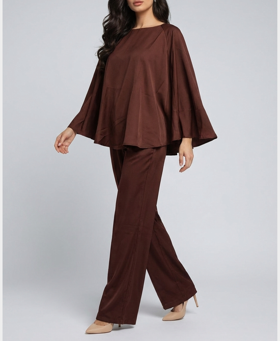 
Poncho Blouse & Pants - 2 Pc Set in BROWN view 1