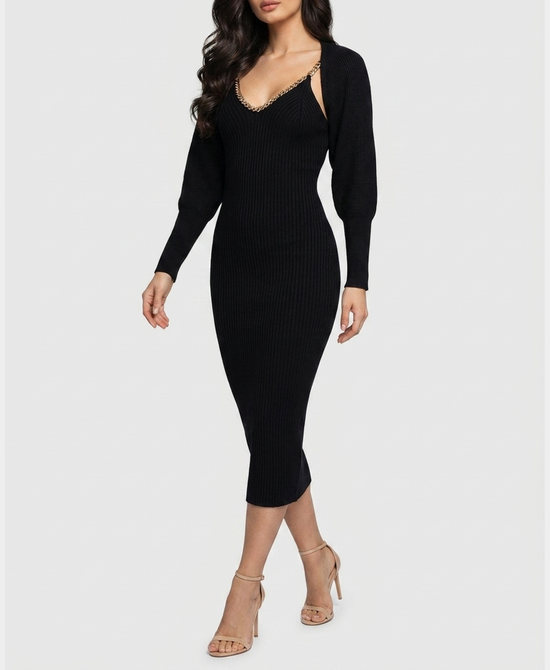 
Knit Ribbed Maxi Dress & Shrug Set- 2 Pc Set in BLACK view 1