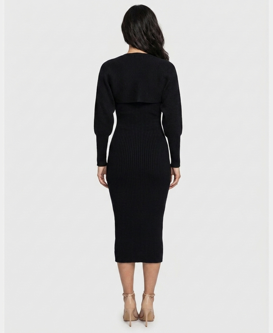 
Knit Ribbed Maxi Dress & Shrug Set- 2 Pc Set in BLACK view 2