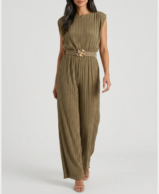 
Pleated Blouse & Pants Set- 2 Pc Set in OLIVE TAN view 1