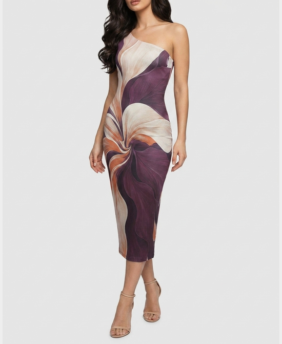 
One Shoulder Print Midi Dress in PLUM view 1