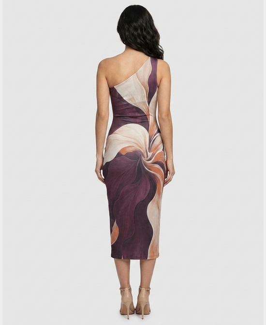 
One Shoulder Print Midi Dress in PLUM view 2