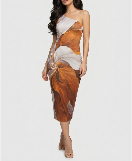 
One Shoulder Print Midi Dress in CAMEL view 1