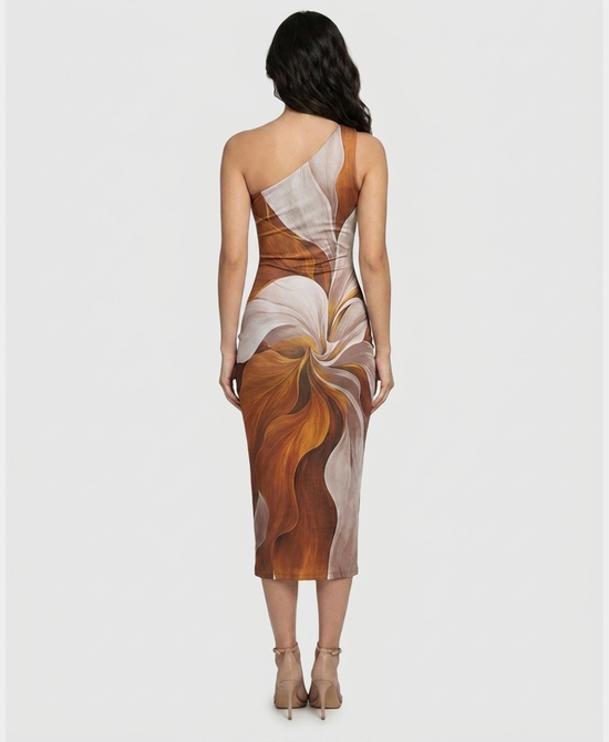 
One Shoulder Print Midi Dress in CAMEL view 2