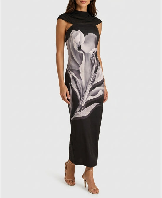 
Strapless Printed Bodycon Dress w/ Scarf in BLACK MULTI view 1